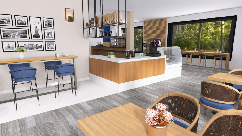 Gesamtansicht des Blue-Kaffee-Layouts mit zentraler Theke, Tischen, erhöhten Sitzplätzen und großen Fenstern - Interior Design für Cafés in Nürnberg - 4