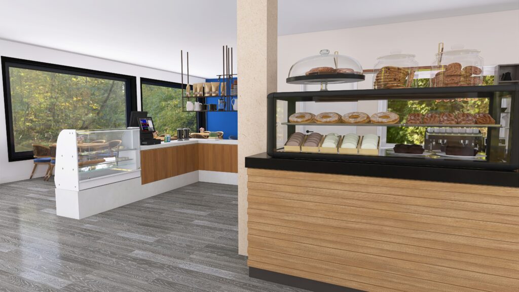 Kuchenvitrinen und Holztheken im geplanten Servicebereich des Blue Kaffee - Interior Design für Cafés in Nürnberg- 44