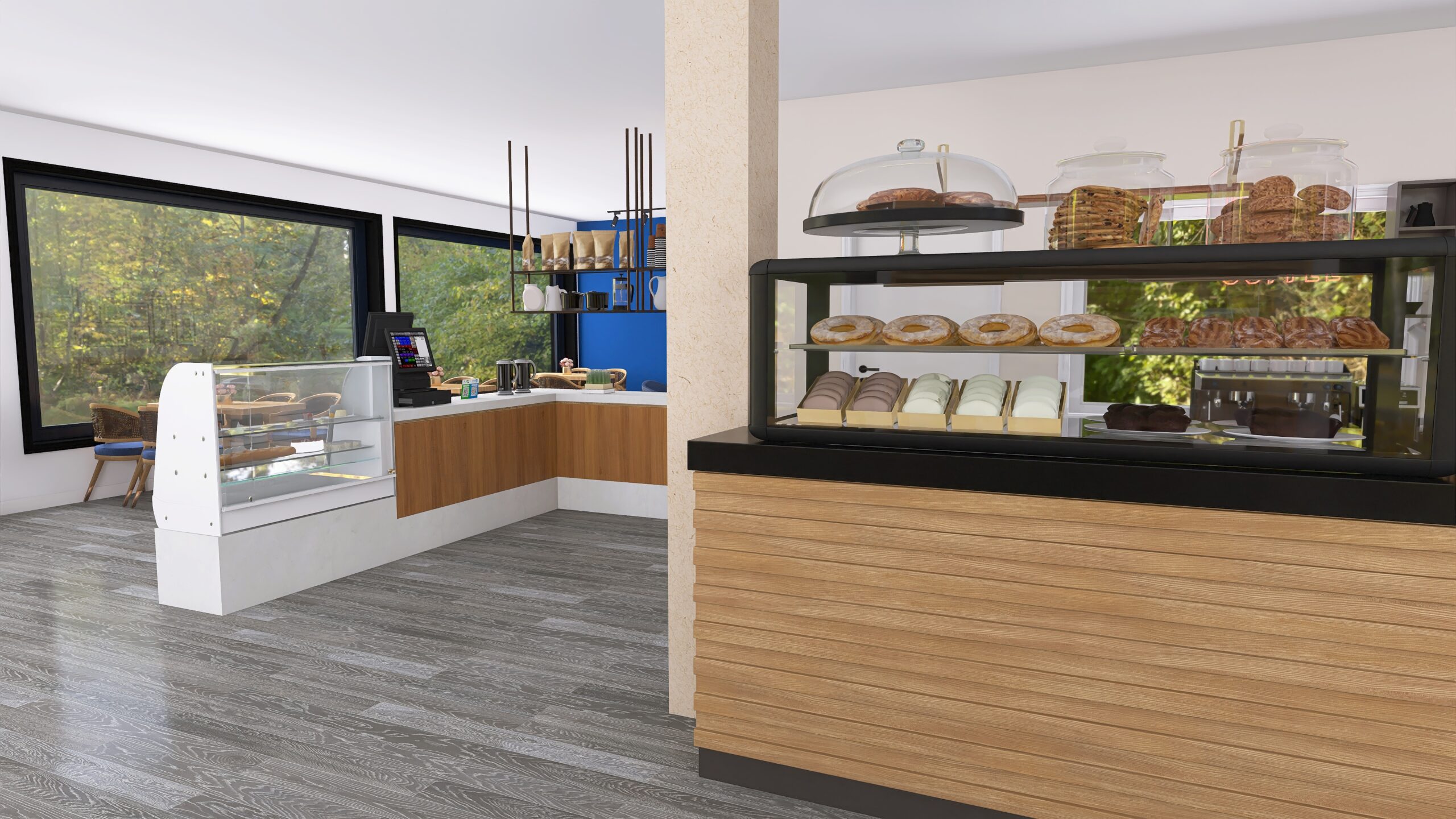 Kuchenvitrinen und Holztheken im geplanten Servicebereich des Blue Kaffee - Interior Design für Cafés in Nürnberg- 44