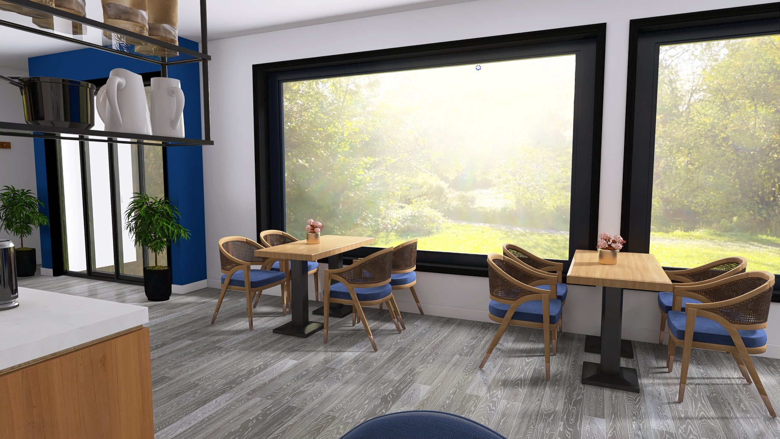 Holztische und blaue Stühle an großen Fenstern im Interior-Design-Konzept des Blue Kaffee - Interior Design für Cafés in Nürnberg - 5