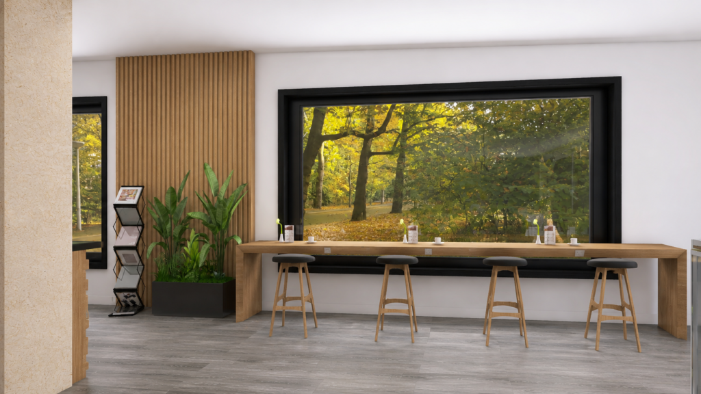 Lange Arbeitsfläche am Fenster mit Barhockern und Pflanzen im Konzept des Blue Kaffee - Interior Design für Cafés in Nürnberg - 8