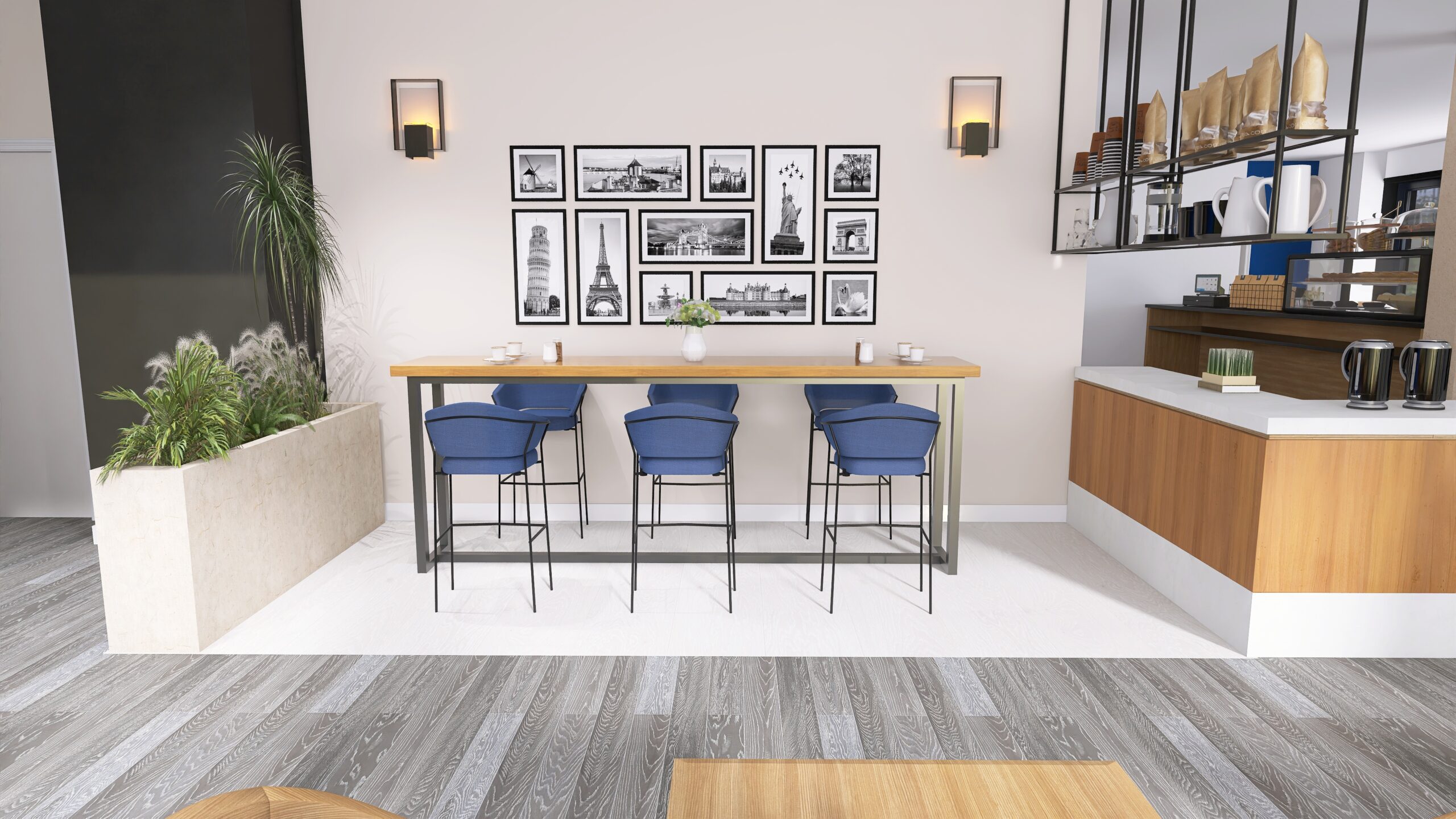 Hochtisch mit blauen Sesseln, Bilderwand und Pflanzen im Interior-Design-Konzept des Blue Kaffee - Interior Design für Cafés in Nürnberg - 87
