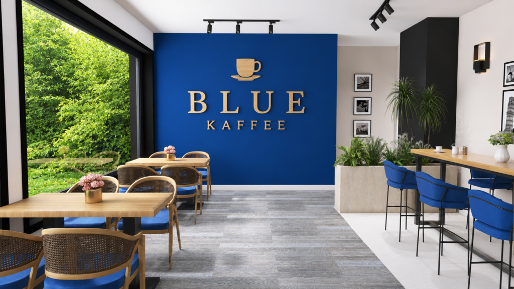 3D-Visualisierung des Blue Kaffee mit blauer Akzentwand, Holztischen, Naturgeflecht und Pflanzen - Interior Design für Cafés in Nürnberg - Blue Kaffee 1