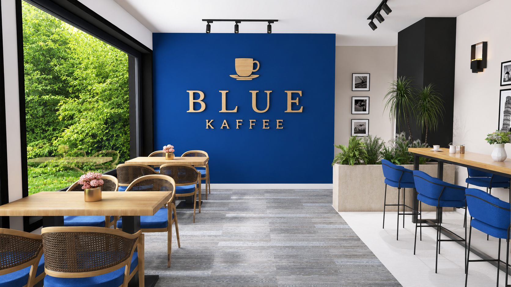3D-Visualisierung des Blue Kaffee mit blauer Akzentwand, Holztischen, Naturgeflecht und Pflanzen - Interior Design für Cafés in Nürnberg - Blue Kaffee 1