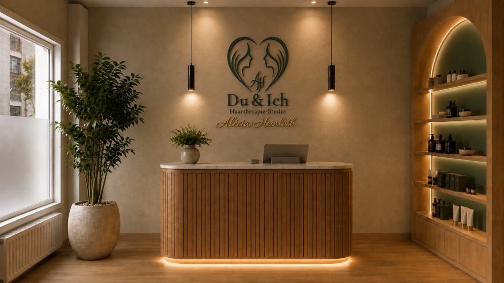 Empfang des Du & Ich Haartherapie-Studios mit geschwungener Holztheke, Pflanzen, beleuchteten Regalen und Logo an der Wand. Interior Design für Gewerberäume in Nürnberg