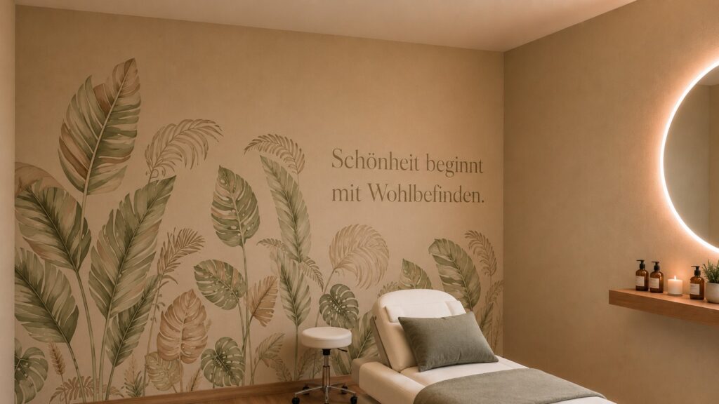 Behandlungsraum mit botanischer Wandillustration, deutscher Beschriftung, weißer Liege und rundem beleuchtetem Spiegel. Interior Design für Gewerberäume in Nürnberg Studio Du & Ich 3 - Sala 2