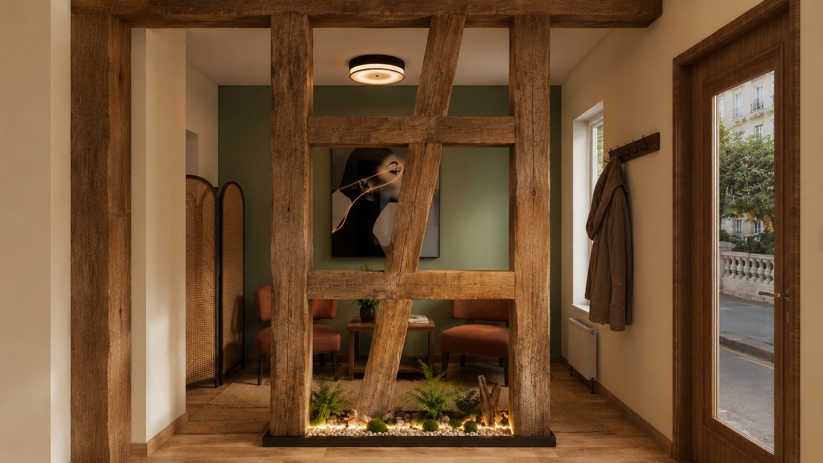 Interior Design für Gewerberäume in Nürnberg Studio Du & Ich 5- Recepção -2aa Wartebereich mit sichtbarer Holzkonstruktion, terrakottafarbenen Sesseln und grüner Wand. Interior Design für Gewerberäume in Nürnberg Studio Du & Ich 5- Recepção -2aa