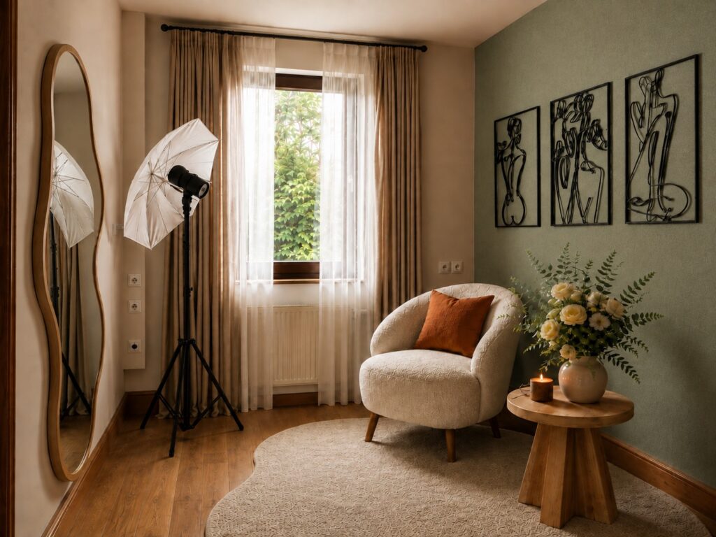 Fotobereich mit organischem Ganzkörperspiegel, hellem Sessel, grüner Wand und linearen Kunstwerken. Interior Design für Gewerberäume in Nürnberg Studio Du & Ich 8 - Sala 3 Instagramável 1b