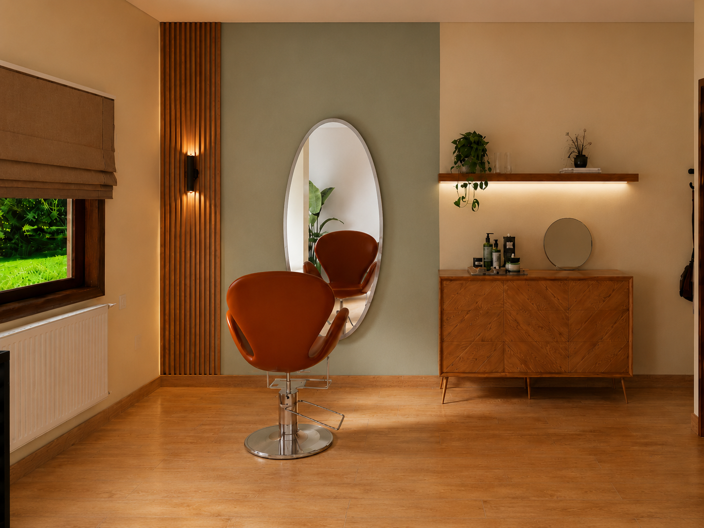 Interior Design für Gewerberäume in Nürnberg Studio Du & Ich-sala 1- ripado com verde Behandlungsraum mit salbeigrüner Wand, Holzlamellen, organischem Spiegel und terrakottafarbenem Behandlungsstuhl. Interior Design für Gewerberäume in Nürnberg Studio Du & Ich-sala 1- ripado com verde