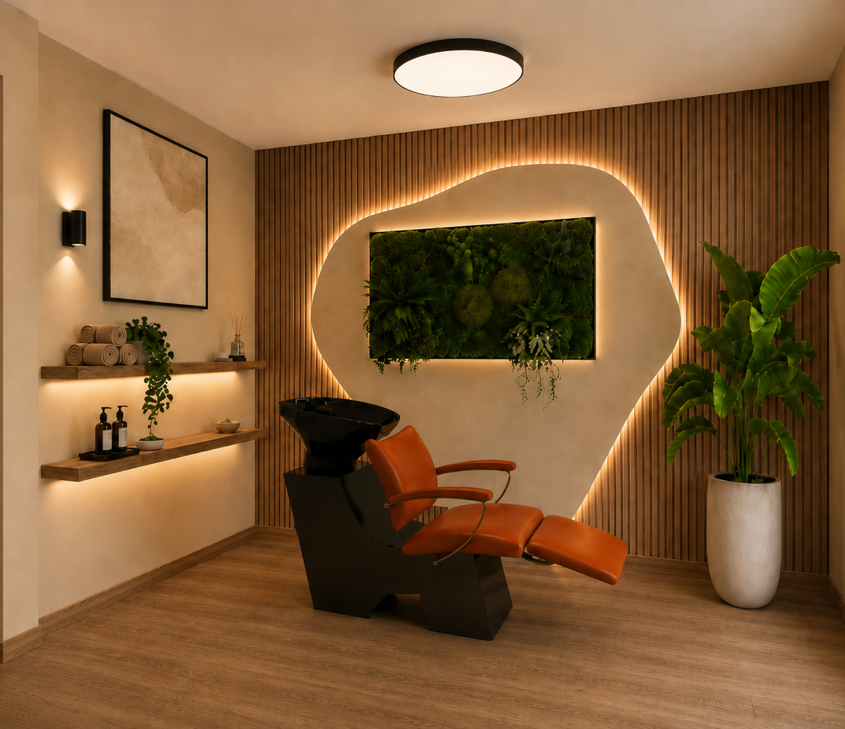 Interior Design für Gewerberäume in Nürnberg Studio Du & Ich2.2 Head-Spa-Raum mit Waschplatz, Holzlamellen, begrünter Wand und indirekter Beleuchtung. Interior Design für Gewerberäume in Nürnberg Studio Du & Ich2.2
