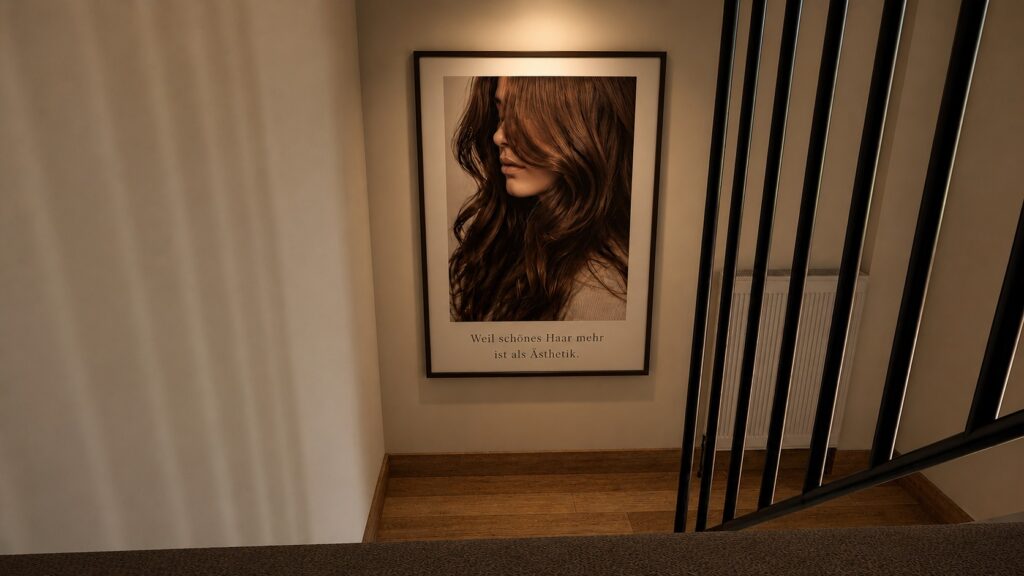 Treppe im Haartherapie-Studio mit schwarzem Geländer, gerichteter Beleuchtung und einem Bild zum Thema Haarpflege.
